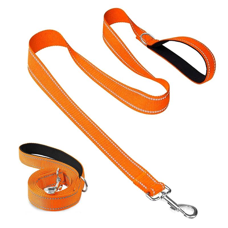 High-visibility orange reflective dog walking leash with padded handle
