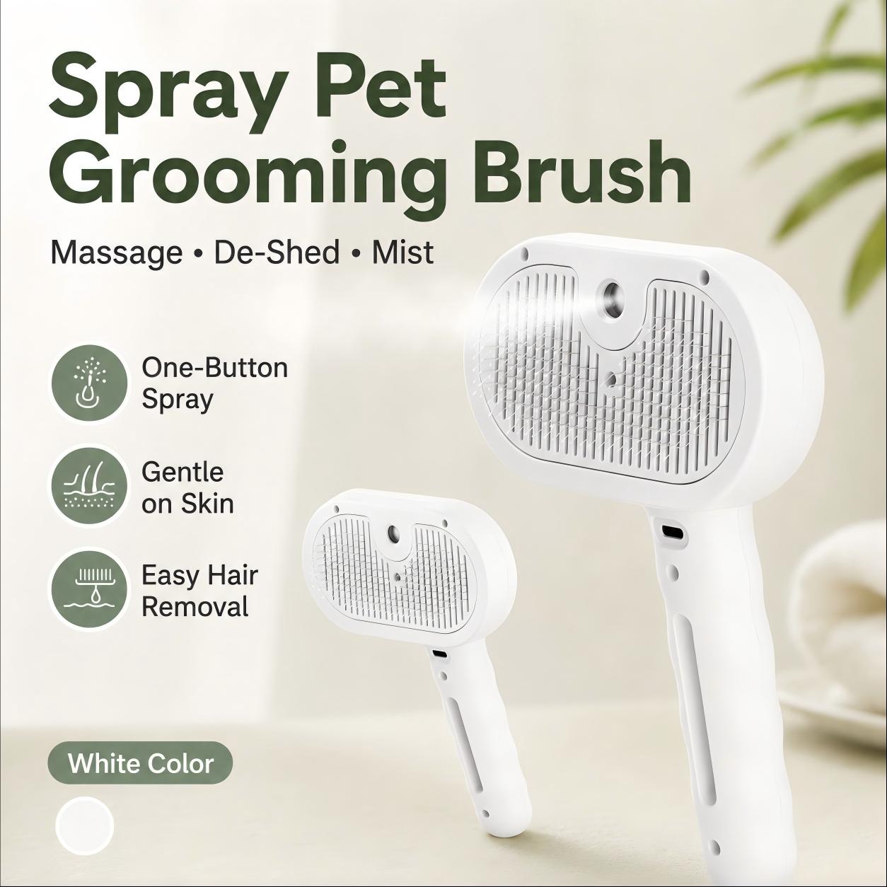 FURLYN white spray pet grooming brush with one-button mist, rounded pins and easy hair removal features.