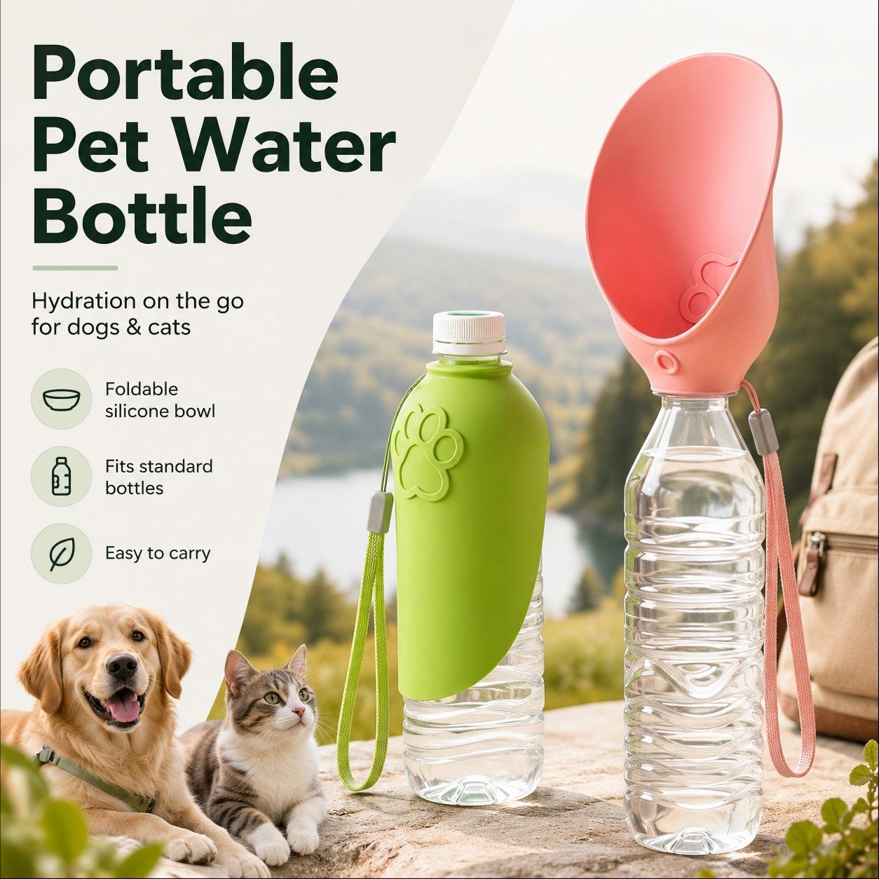 Portable pet water bottle with foldable silicone bowl for dogs and cats