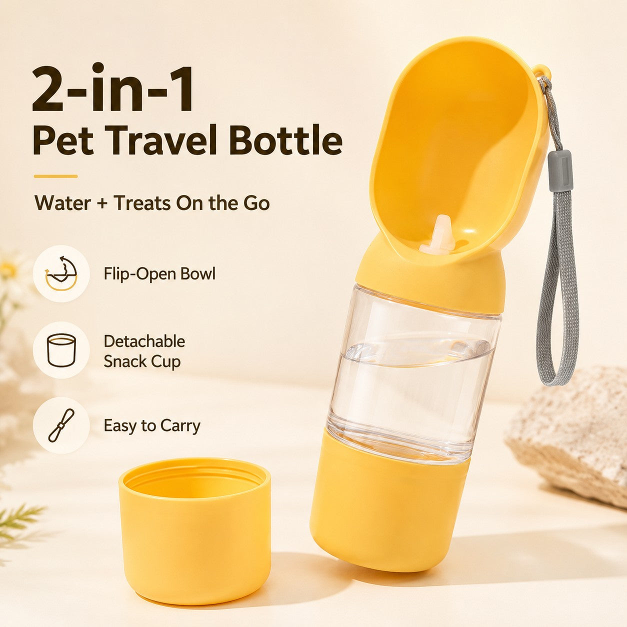 Small dog drinking from 2-in-1 dog travel water bottle outdoors