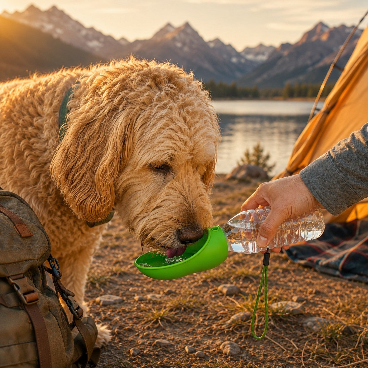 Large dog using portable dog water bottle while camping by the lake