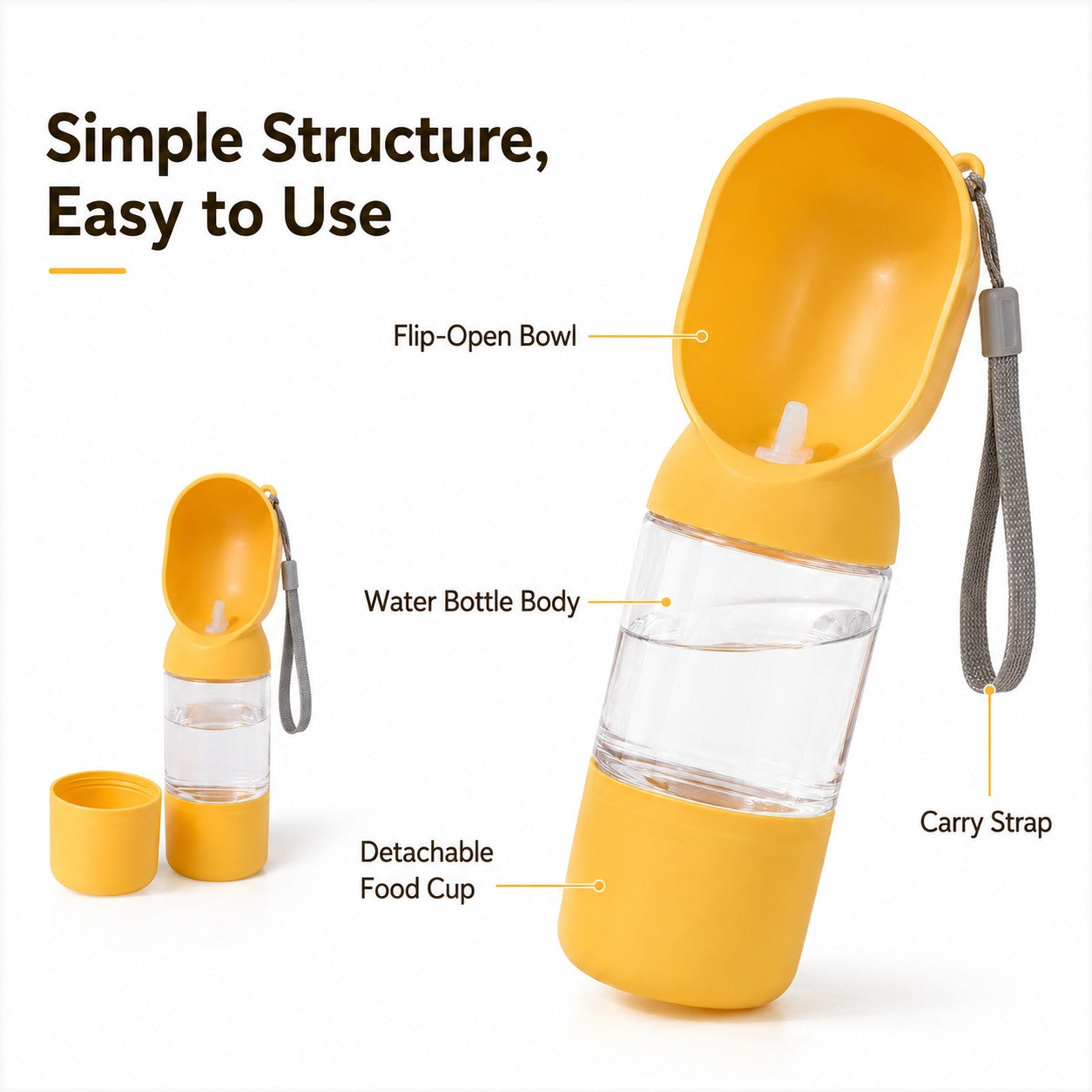 2-in-1 pet travel bottle with flip-open bowl and detachable snack cup