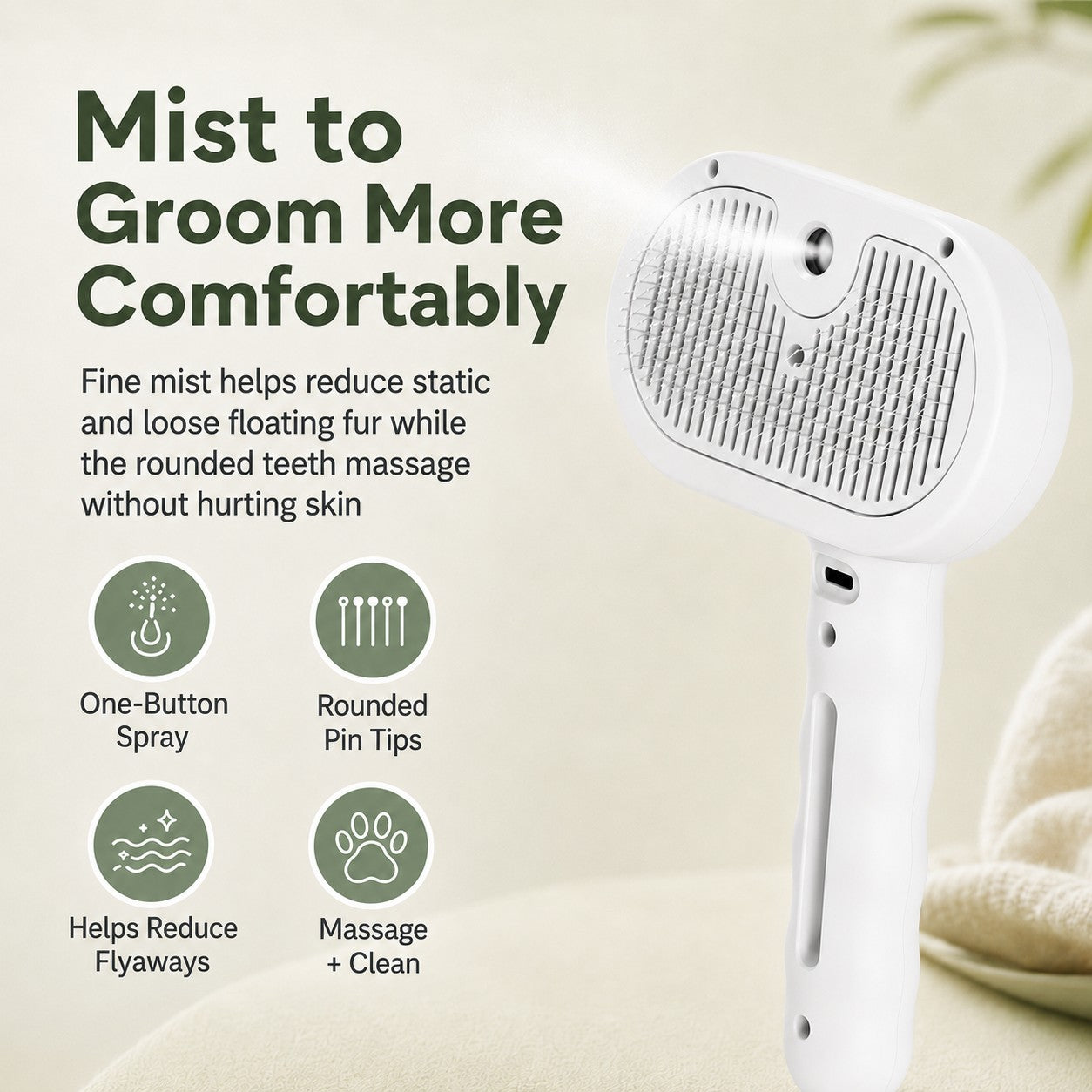 FURLYN mist grooming brush with one-button spray, rounded pin tips and loose-fur control features.