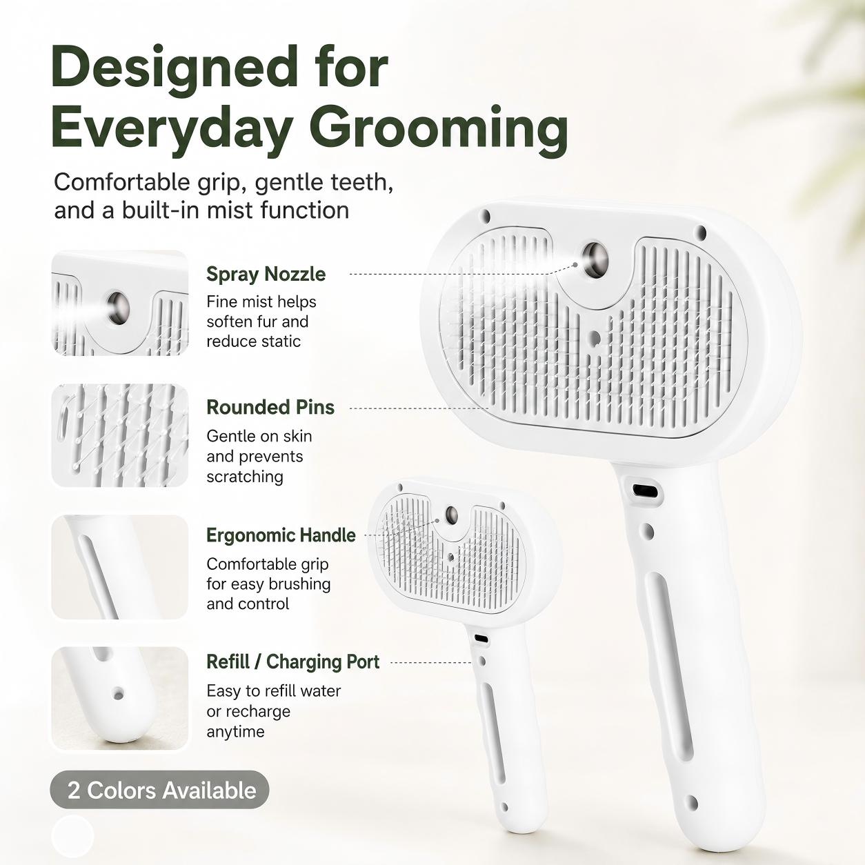 FURLYN spray pet brush showing the mist nozzle, rounded pins, ergonomic handle and refill port.