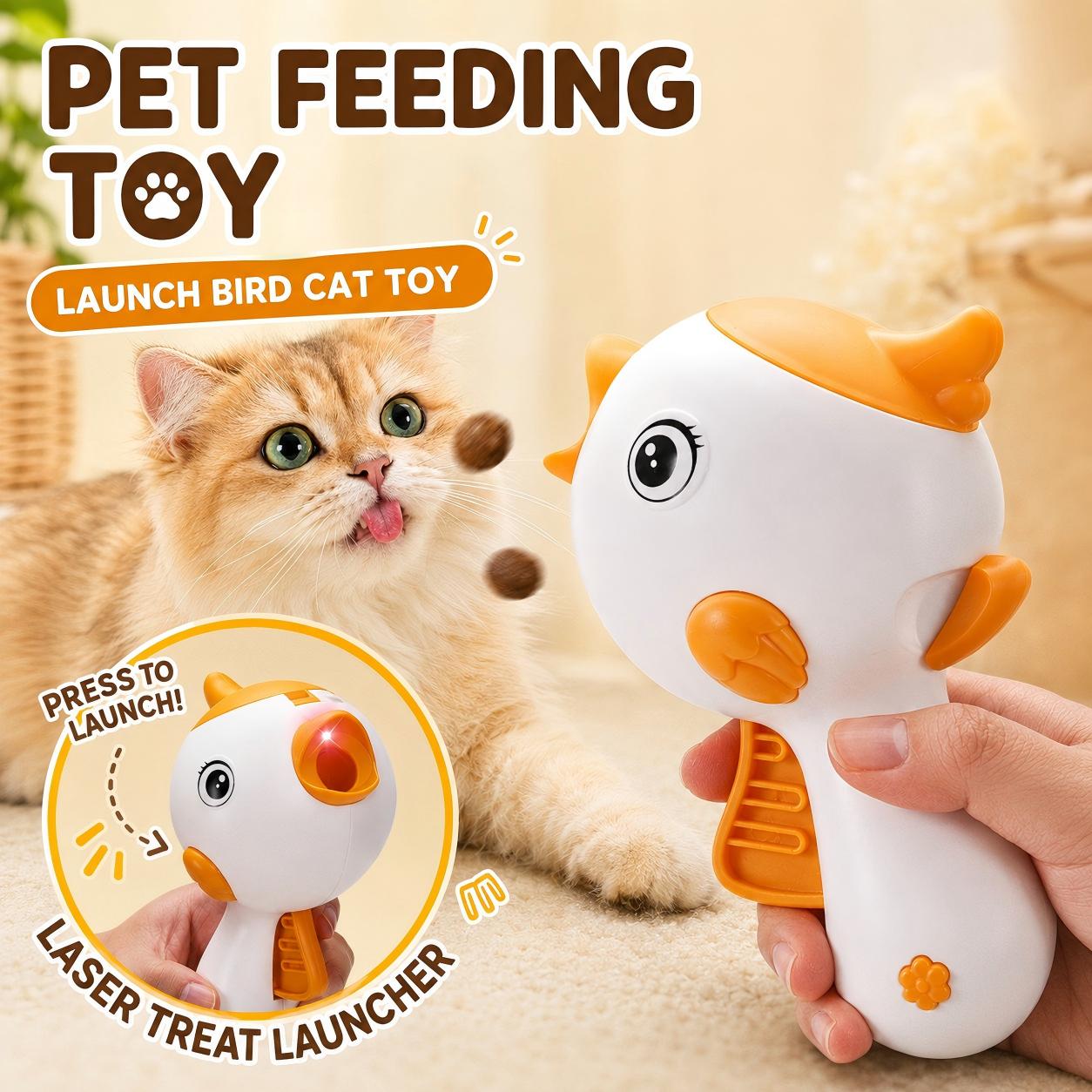 Pet feeding toy and laser treat launcher for curious cats