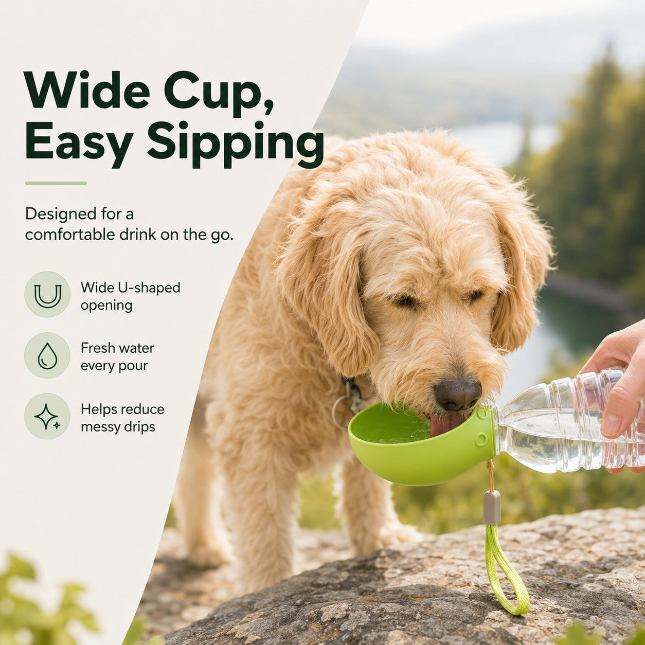 Wide cup portable dog water bottle for easy sipping on outdoor trips