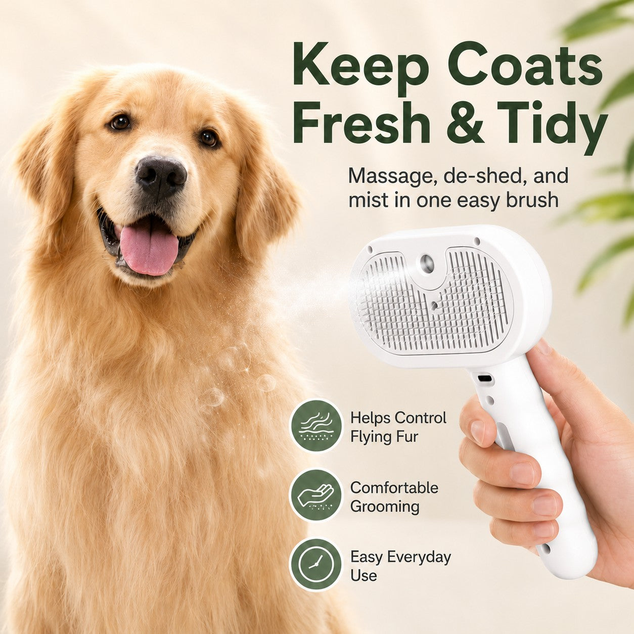 Golden retriever beside a FURLYN spray grooming brush for gentle de-shedding, massage and misting.