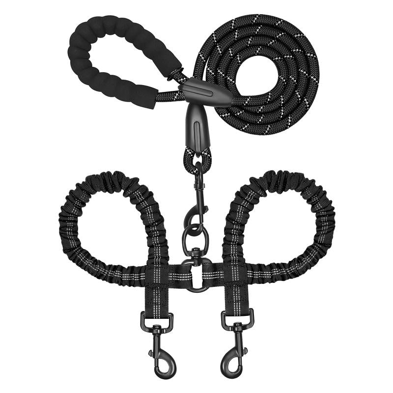 Black Furlyn double dog leash with 360 degree swivel and bungee extensions