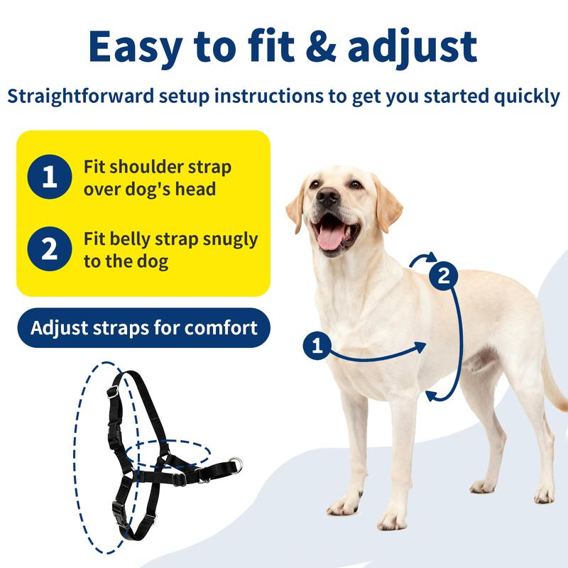 Easy 2-step setup guide for putting on a front-clip dog harness