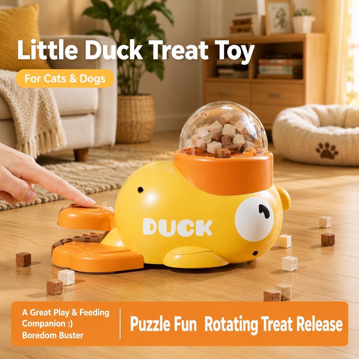 Interactive Little Duck treat toy for cats and dogs with puzzle fun