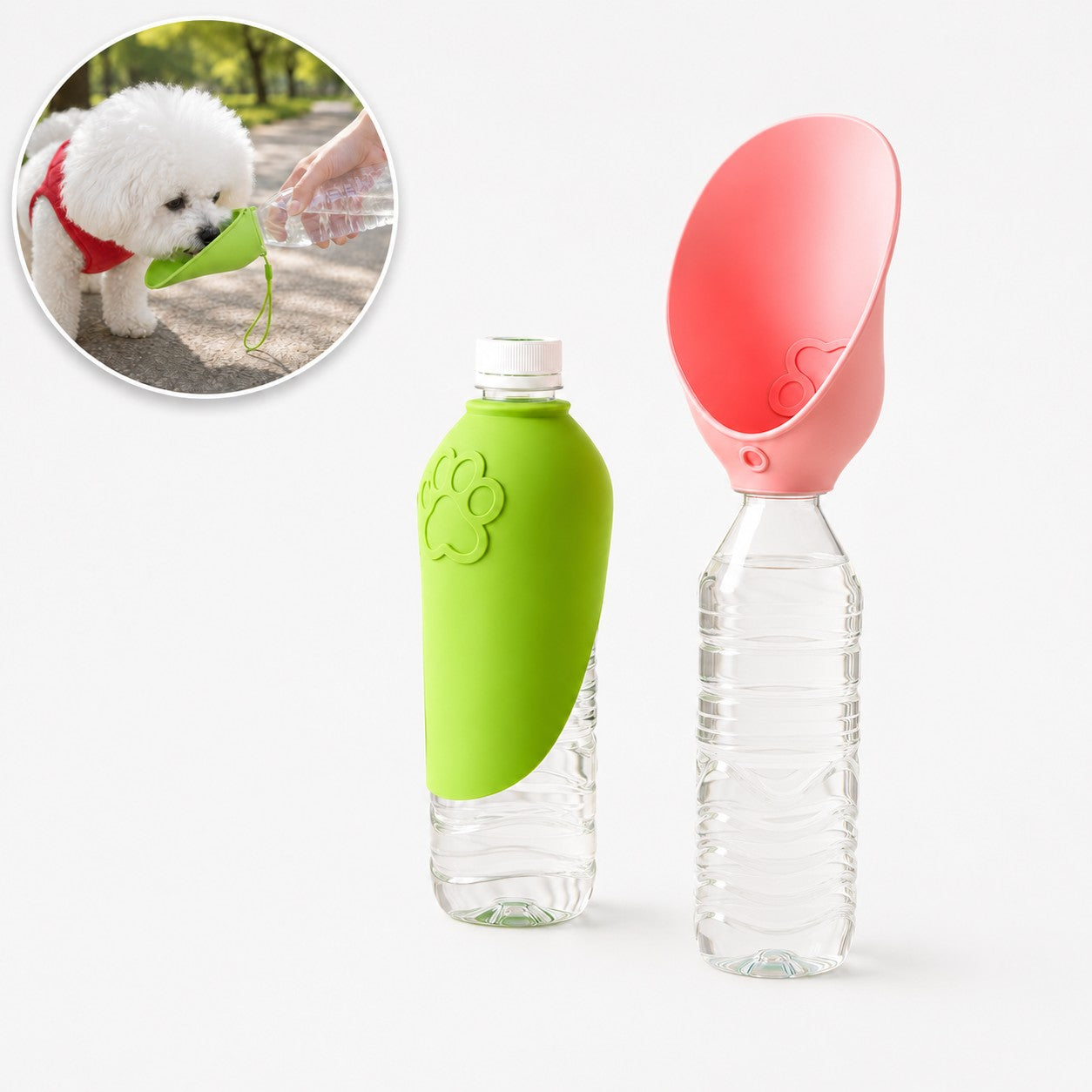 Furlyn portable pet water bottle with foldable bowl in green and pink