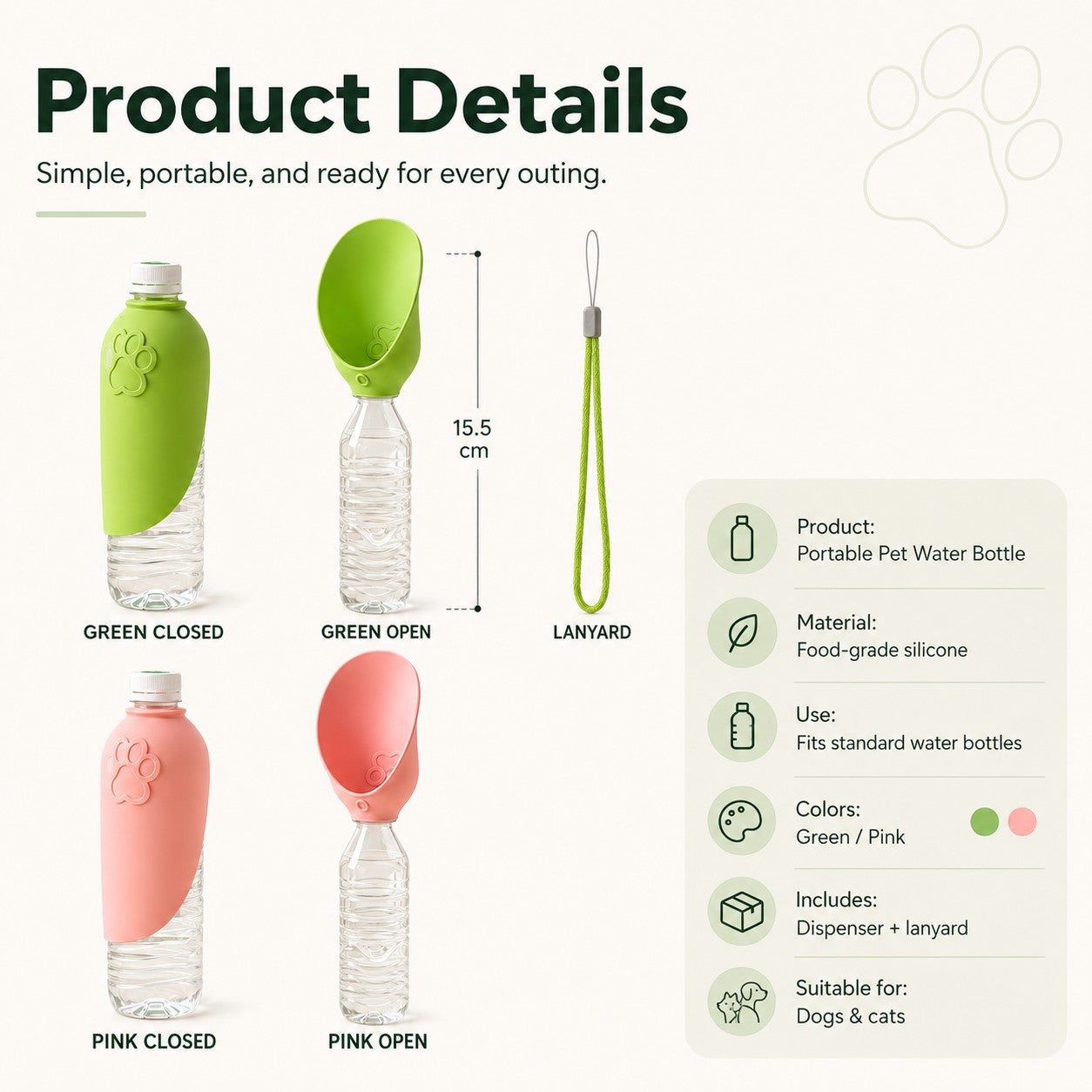 Furlyn portable pet water bottle product details with green and pink colors