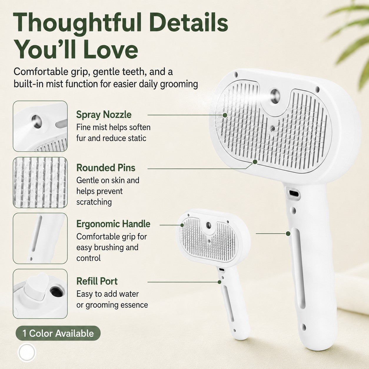 FURLYN spray grooming brush details highlighting the nozzle, rounded pins, handle and refill port.