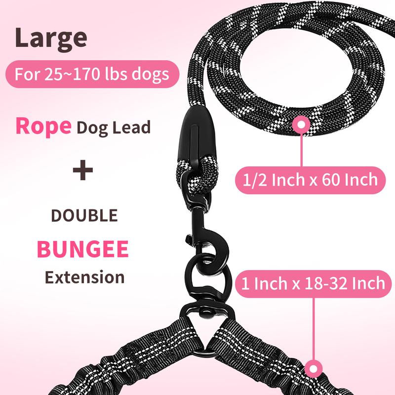 Heavy duty 1/2 inch climbing rope leash with double bungee extension for large dogs