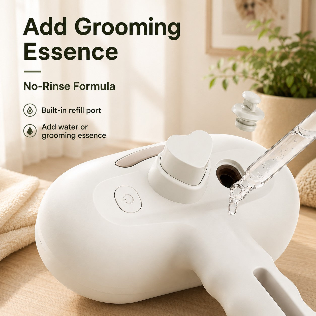 Close-up of a FURLYN spray pet brush refill port being filled with water or pet-safe grooming solution.