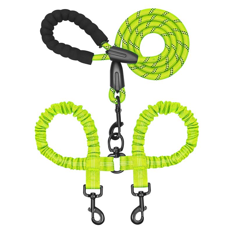 Neon green highly reflective dual dog leash for medium and large dogs