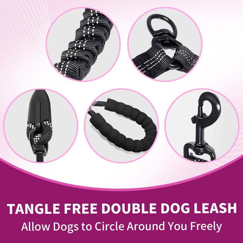 Close-up details of tangle-free double dog leash hardware and bungee cord