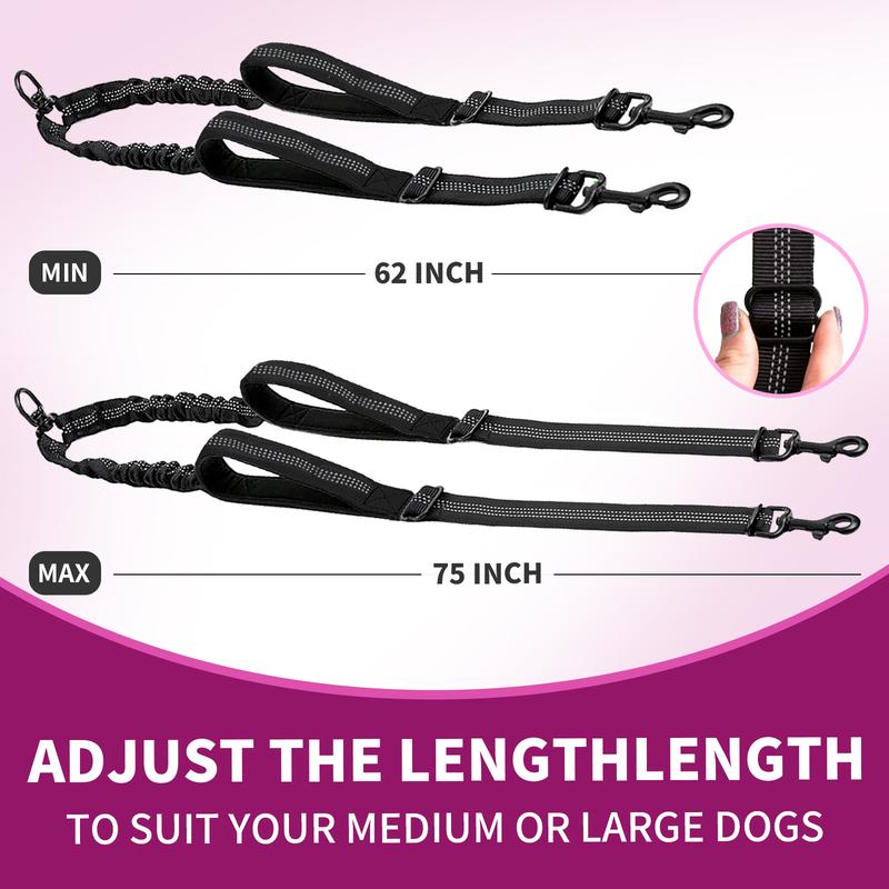 Adjustable dual dog leash length from 62 inches to 75 inches